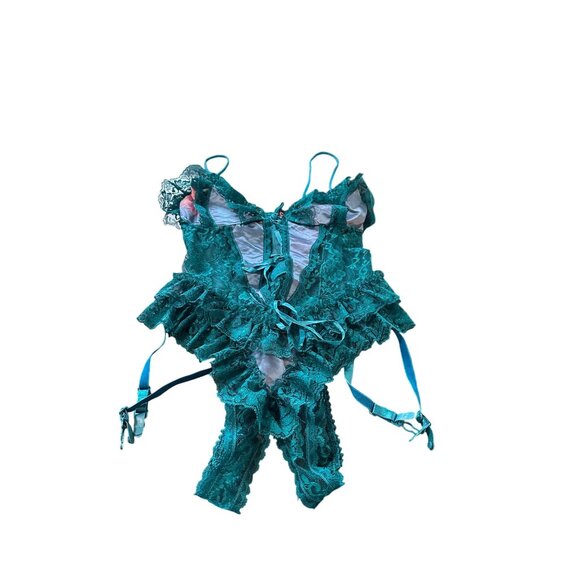 Frederick's of Hollywood Crotchless Lace Slit Bust Teddy Garters Sz L Lingerie - Picture 8 of 12